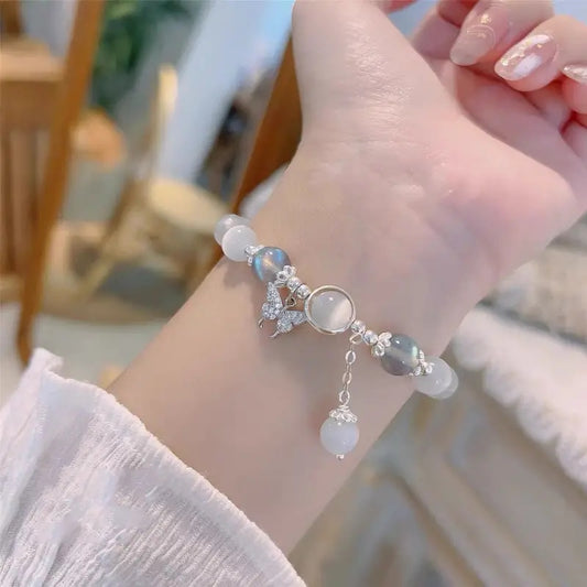Glamorous Glass Cat Eye Stone Bracelet with Star Butterfly Accent - Adorable & Elegant Gray for Teen Girls - Perfect Fashion Jewelry Gift with Adjustable Fit
