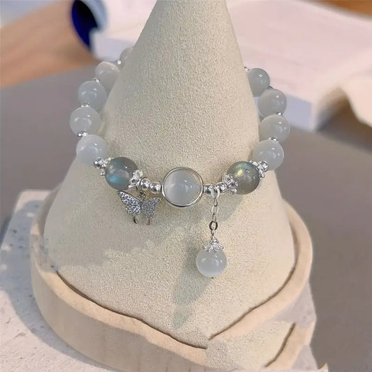 Glamorous Glass Cat Eye Stone Bracelet with Star Butterfly Accent - Adorable & Elegant Gray for Teen Girls - Perfect Fashion Jewelry Gift with Adjustable Fit