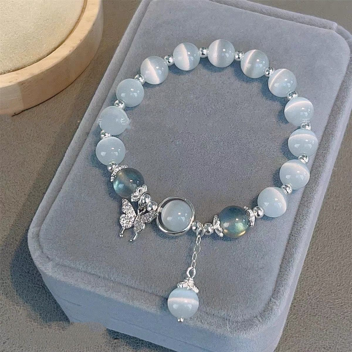 Glamorous Glass Cat Eye Stone Bracelet with Star Butterfly Accent - Adorable & Elegant Gray for Teen Girls - Perfect Fashion Jewelry Gift with Adjustable Fit