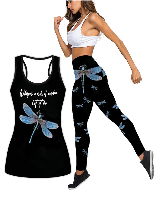 Women's Fashion Whisper Dragonfly Tank Top Casual Sleeveless Vest Legging Casual Yoga Pants Fitness Girls Sport Suit Plus Size