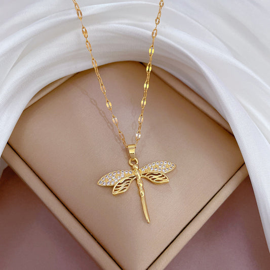 1pc Creative Hollow Dragonfly Pendant Titanium Steel Chain, Faux Crystal Hollow Dragonfly Pendant Necklace
