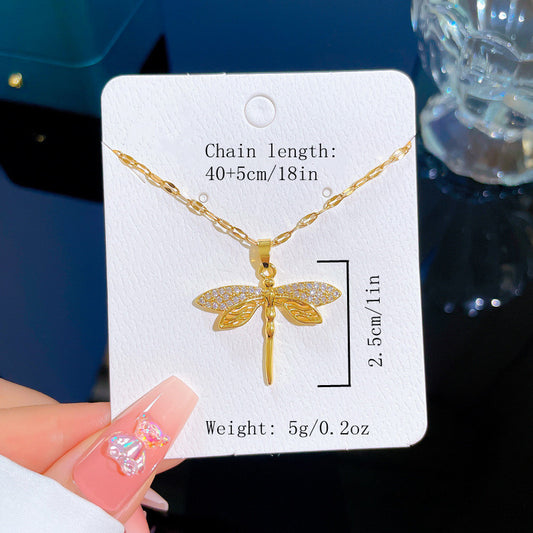 1pc Creative Hollow Dragonfly Pendant Titanium Steel Chain, Faux Crystal Hollow Dragonfly Pendant Necklace