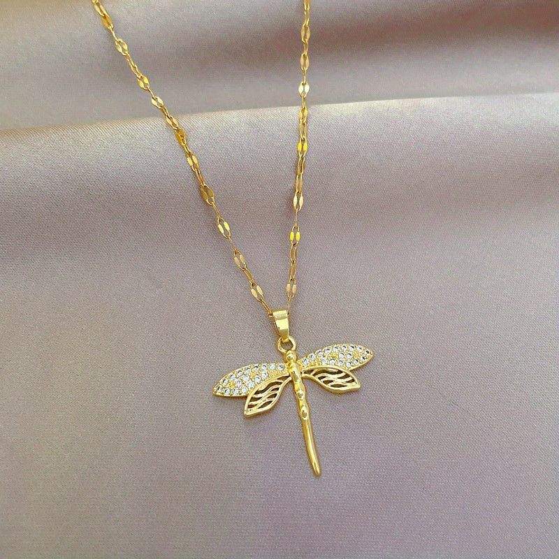 1pc Creative Hollow Dragonfly Pendant Titanium Steel Chain, Faux Crystal Hollow Dragonfly Pendant Necklace