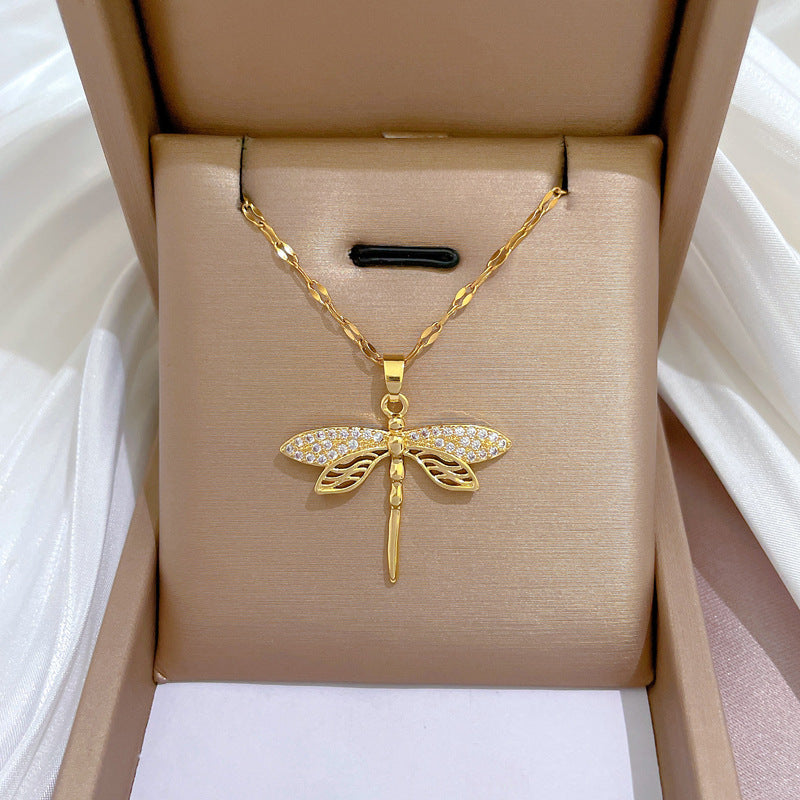1pc Creative Hollow Dragonfly Pendant Titanium Steel Chain, Faux Crystal Hollow Dragonfly Pendant Necklace