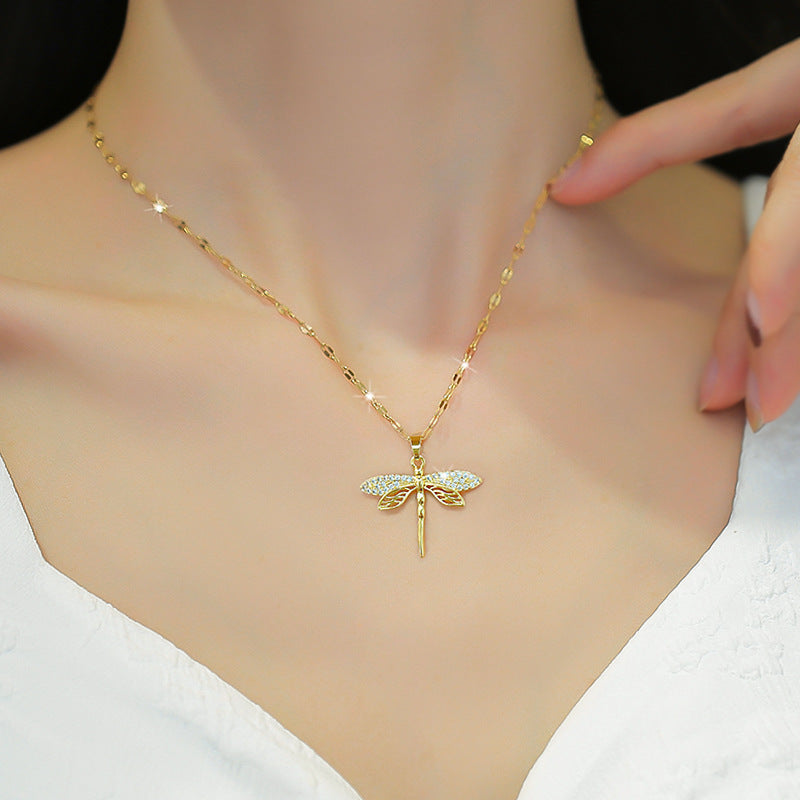 1pc Creative Hollow Dragonfly Pendant Titanium Steel Chain, Faux Crystal Hollow Dragonfly Pendant Necklace