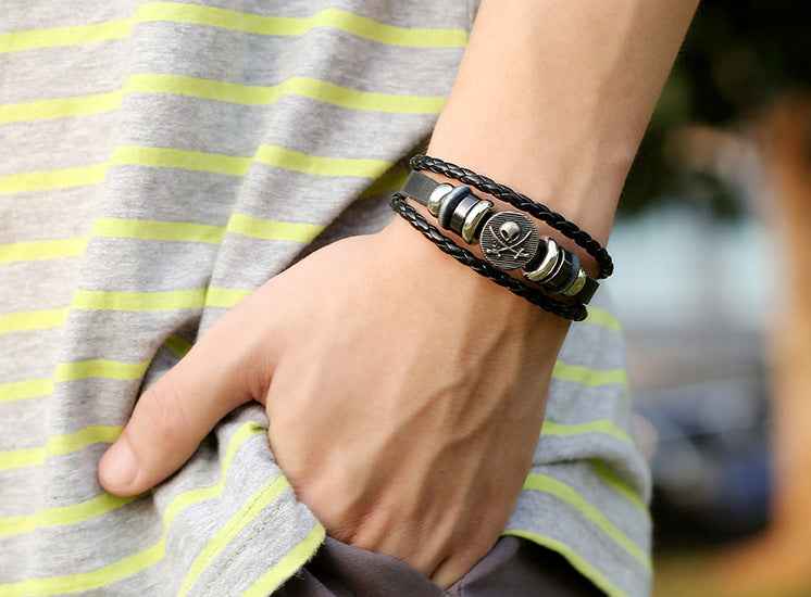 Punk Bracelets Wholesale Yiwu Small Commodities 10 Yuan Store Supply Genuine Leather Bracelets Handmade Vintage Cowhide Bracelets