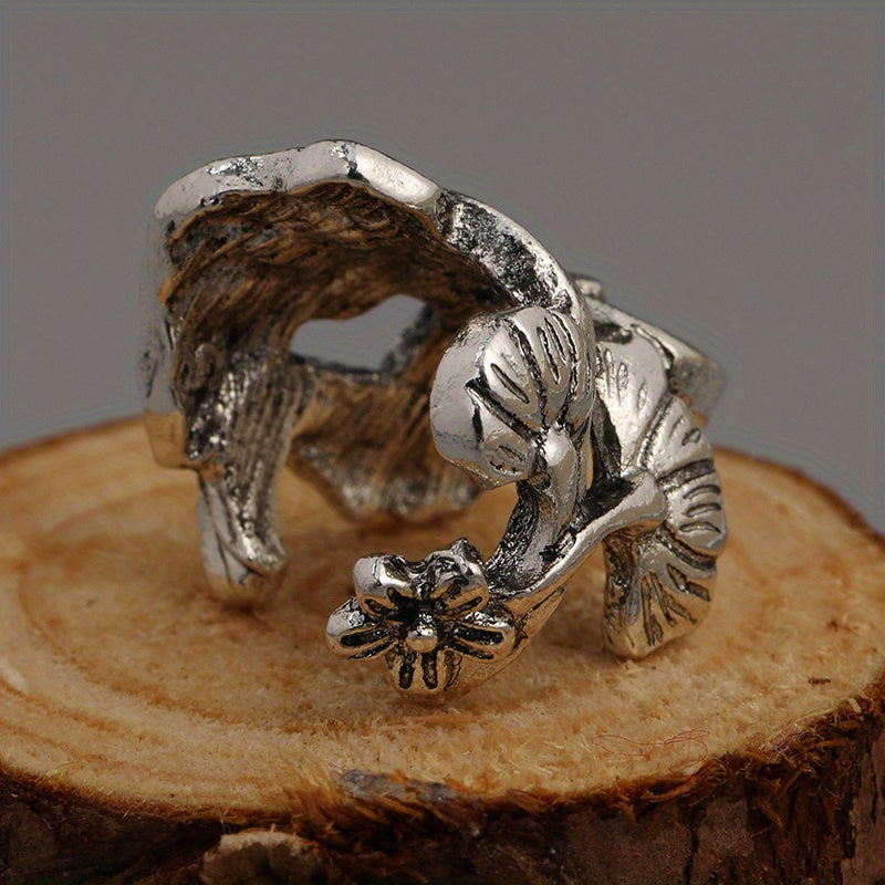 1 Pair Antique Silver Color Ear Cuff, Flower Dragon Claw Clip On Earrings Zinc Alloy Silver Plated Retro Bohemian Style Ear Cuff