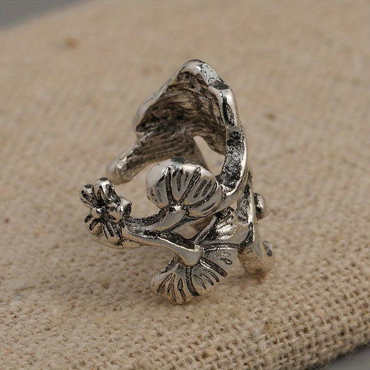 1 Pair Antique Silver Color Ear Cuff, Flower Dragon Claw Clip On Earrings Zinc Alloy Silver Plated Retro Bohemian Style Ear Cuff