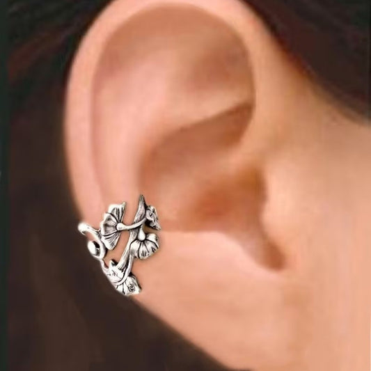 1 Pair Antique Silver Color Ear Cuff, Flower Dragon Claw Clip On Earrings Zinc Alloy Silver Plated Retro Bohemian Style Ear Cuff