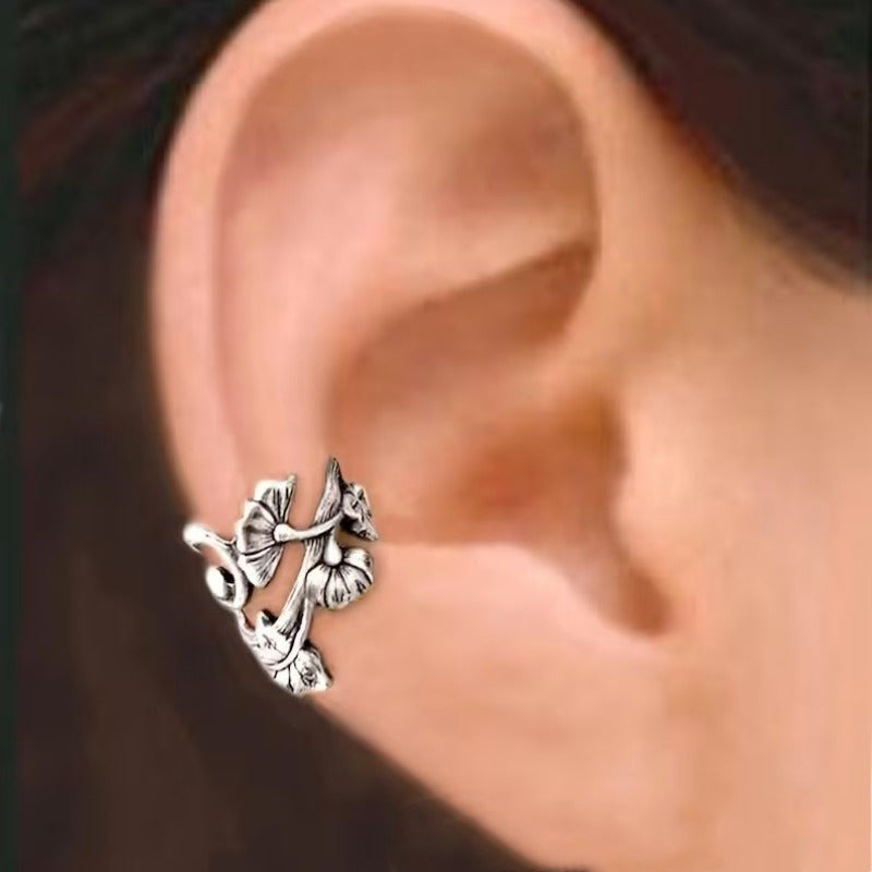 1 Pair Antique Silver Color Ear Cuff, Flower Dragon Claw Clip On Earrings Zinc Alloy Silver Plated Retro Bohemian Style Ear Cuff