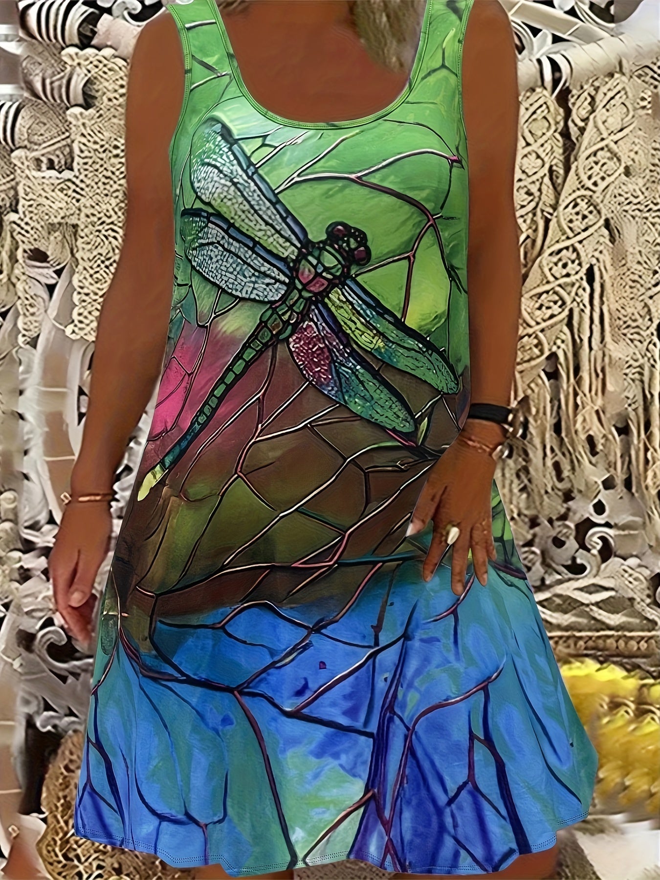 Plus Size Dragonfly Print Tank Dress, Casual Sleeveless Dress For Spring & Summer, Women's Plus Size Clothing