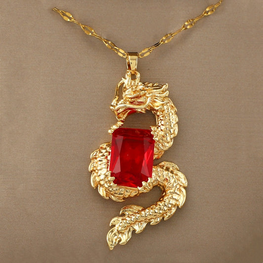 1pc Exquisite Fashion Dragon Red CZ Pendant Necklace For Women Men, Birthday Gift Christmas Gift Jewelry Accessories For Family Friend