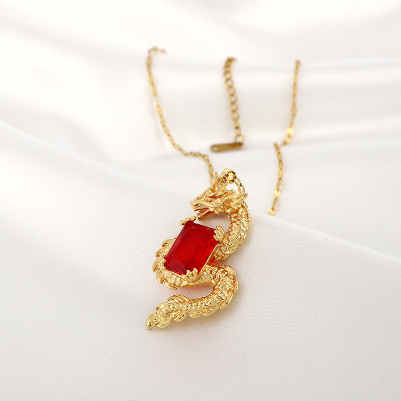 1pc Exquisite Fashion Dragon Red CZ Pendant Necklace For Women Men, Birthday Gift Christmas Gift Jewelry Accessories For Family Friend