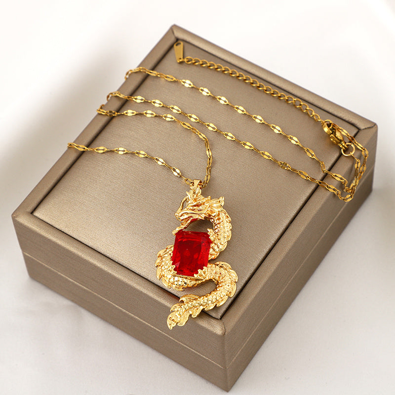 1pc Exquisite Fashion Dragon Red CZ Pendant Necklace For Women Men, Birthday Gift Christmas Gift Jewelry Accessories For Family Friend