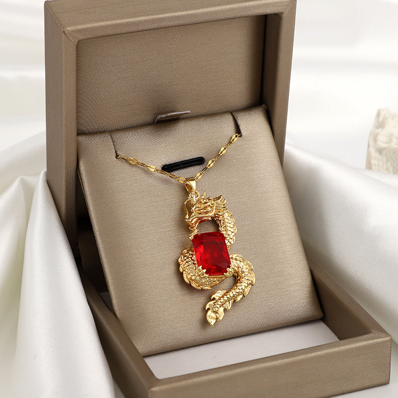 1pc Exquisite Fashion Dragon Red CZ Pendant Necklace For Women Men, Birthday Gift Christmas Gift Jewelry Accessories For Family Friend