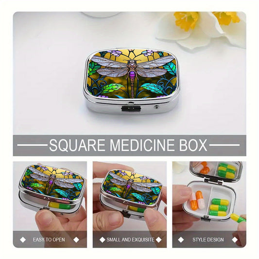 1pc Green Dragonfly Pill Box, 2 Compartment Medicine Pill Case, Compartment Portable Medicine Case, Portable Pill Box For Pocket Or Purse Pill Box, Decorative Metal Medicine Vitamin Organizer, For Pockets Purses Travel Unique