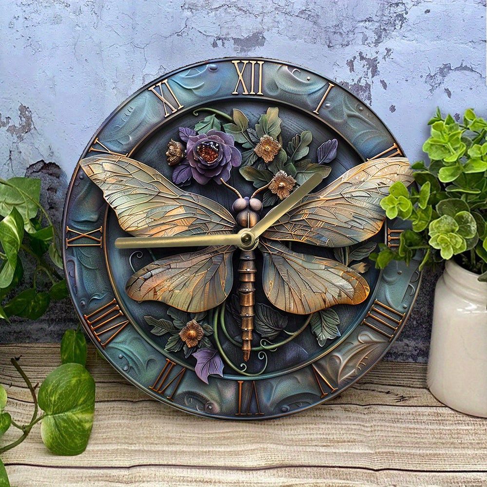 Silent Wall Clock 8X8 Inch - Aluminum Metal, Diy Autumn Bedroom Decor With 2D Dragonfly Effects, Perfect For Father'S Day & Thanksgiving Decorations - 1Pc