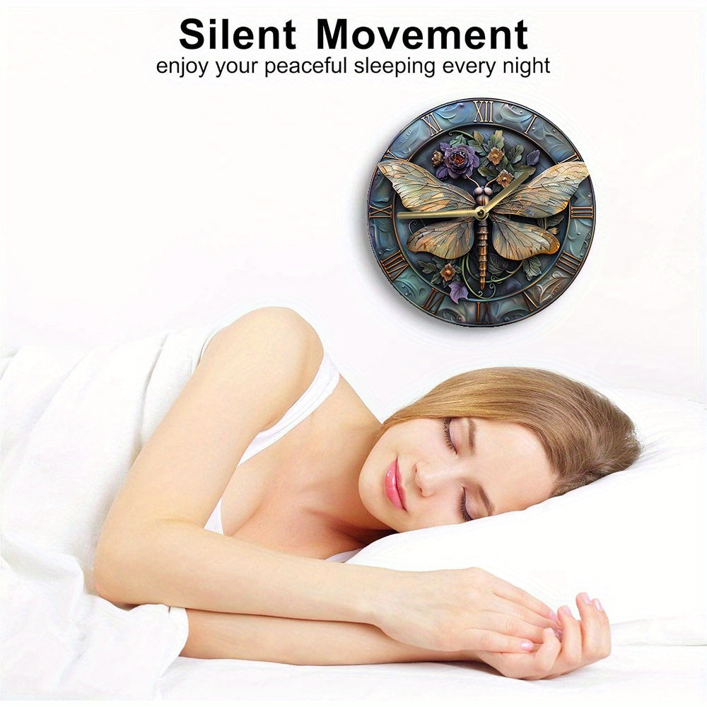 Silent Wall Clock 8X8 Inch - Aluminum Metal, Diy Autumn Bedroom Decor With 2D Dragonfly Effects, Perfect For Father'S Day & Thanksgiving Decorations - 1Pc