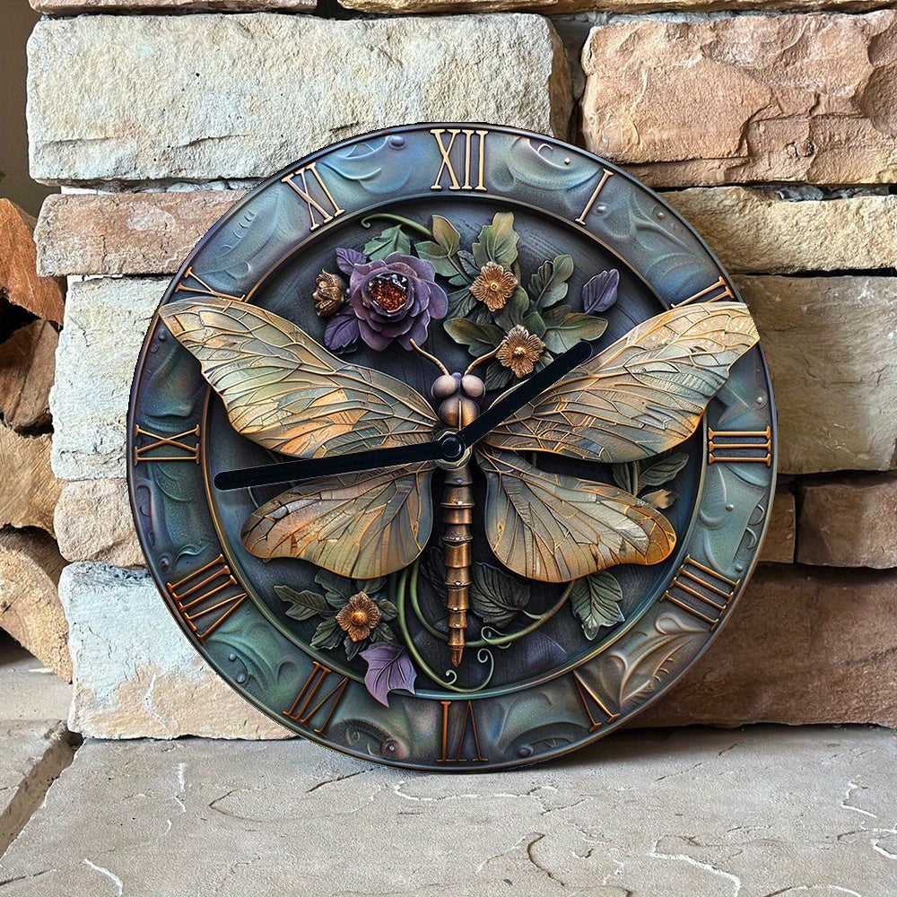 Silent Wall Clock 8X8 Inch - Aluminum Metal, Diy Autumn Bedroom Decor With 2D Dragonfly Effects, Perfect For Father'S Day & Thanksgiving Decorations - 1Pc