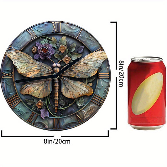 Silent Wall Clock 8X8 Inch - Aluminum Metal, Diy Autumn Bedroom Decor With 2D Dragonfly Effects, Perfect For Father'S Day & Thanksgiving Decorations - 1Pc