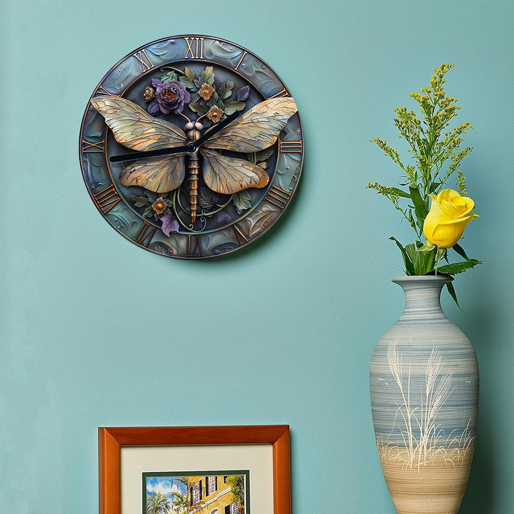 Silent Wall Clock 8X8 Inch - Aluminum Metal, Diy Autumn Bedroom Decor With 2D Dragonfly Effects, Perfect For Father'S Day & Thanksgiving Decorations - 1Pc