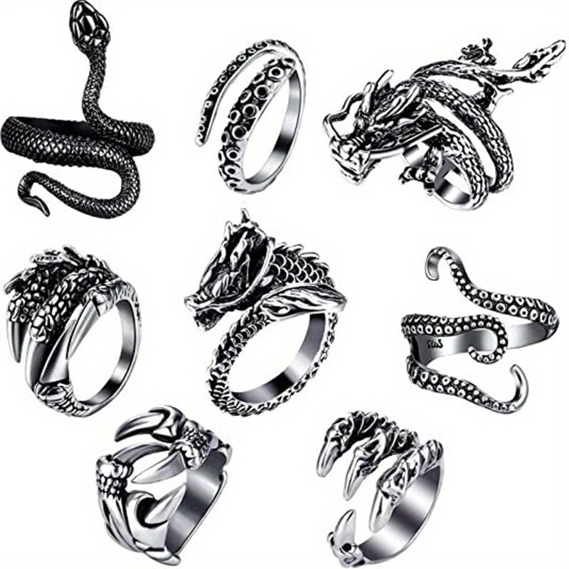 Adjustable Stainless Steel 8pc Ring Set - Dragon & Snake Zircon-Inlaid, Retro Casual Style Essentials