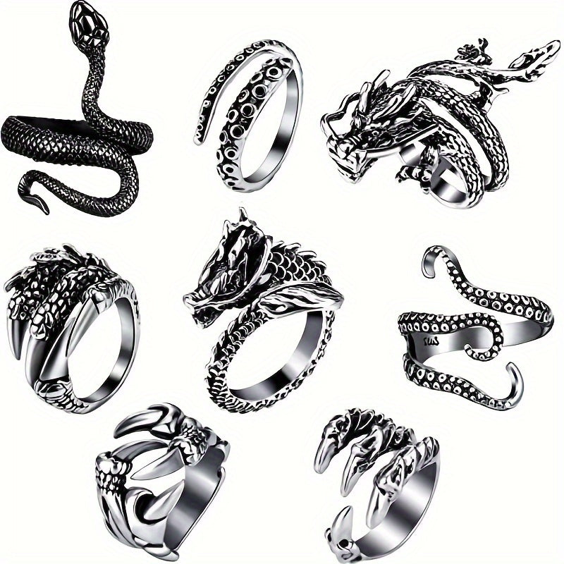 Adjustable Stainless Steel 8pc Ring Set - Dragon & Snake Zircon-Inlaid, Retro Casual Style Essentials
