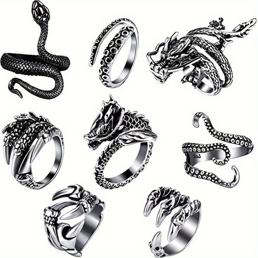 Adjustable Stainless Steel 8pc Ring Set - Dragon & Snake Zircon-Inlaid, Retro Casual Style Essentials
