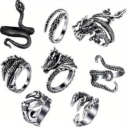 Adjustable Stainless Steel 8pc Ring Set - Dragon & Snake Zircon-Inlaid, Retro Casual Style Essentials