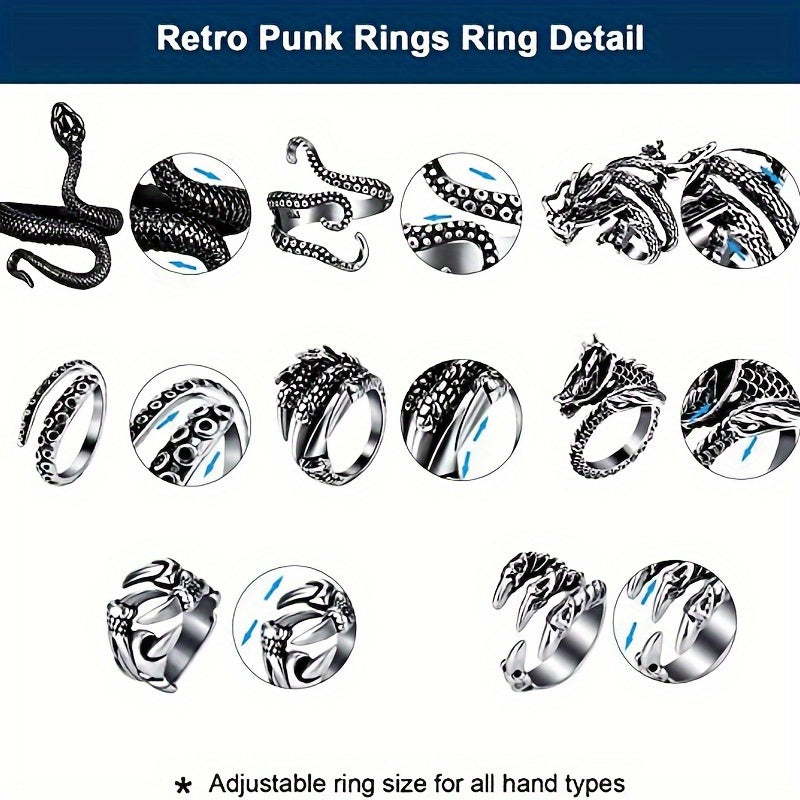 Adjustable Stainless Steel 8pc Ring Set - Dragon & Snake Zircon-Inlaid, Retro Casual Style Essentials