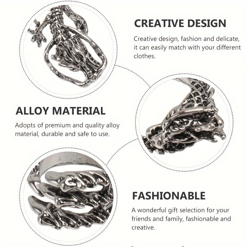 Adjustable Stainless Steel 8pc Ring Set - Dragon & Snake Zircon-Inlaid, Retro Casual Style Essentials
