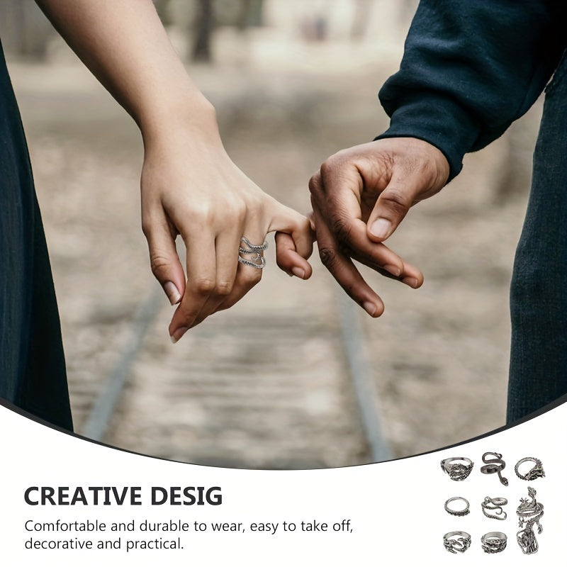 Adjustable Stainless Steel 8pc Ring Set - Dragon & Snake Zircon-Inlaid, Retro Casual Style Essentials