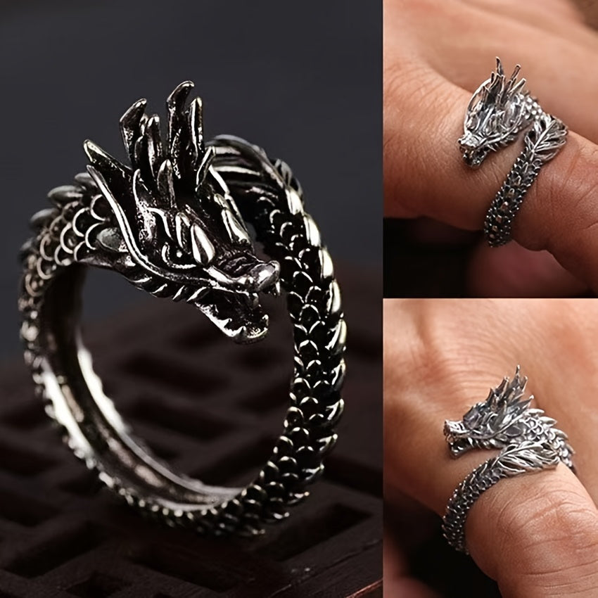 Adjustable Stainless Steel 8pc Ring Set - Dragon & Snake Zircon-Inlaid, Retro Casual Style Essentials