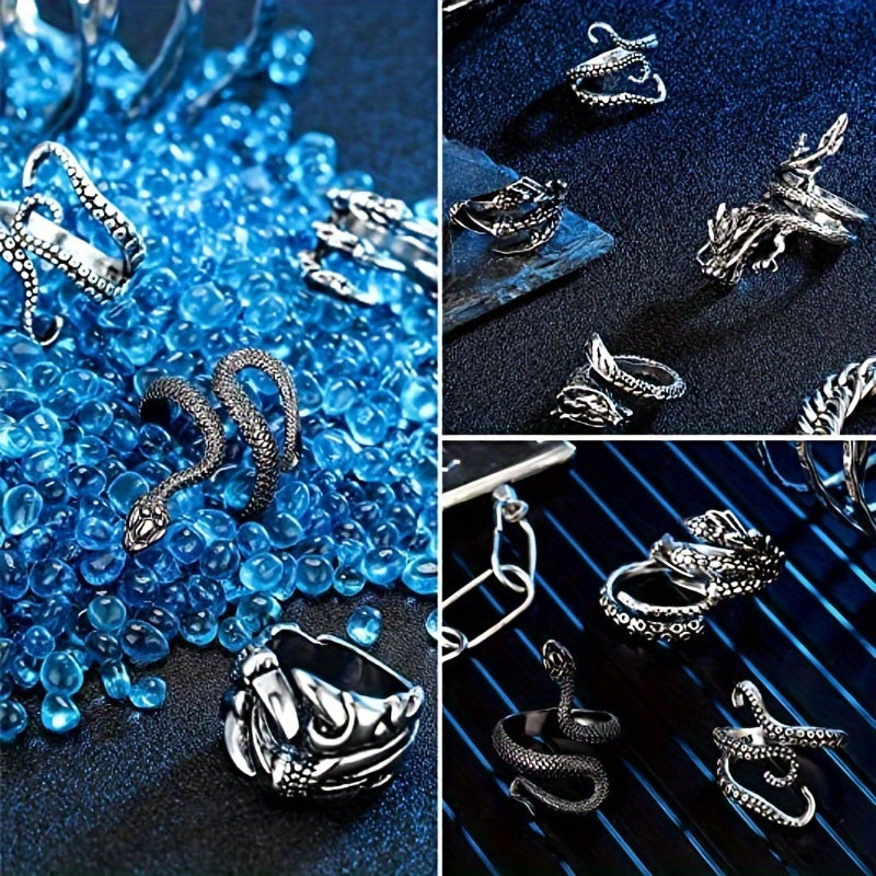Adjustable Stainless Steel 8pc Ring Set - Dragon & Snake Zircon-Inlaid, Retro Casual Style Essentials