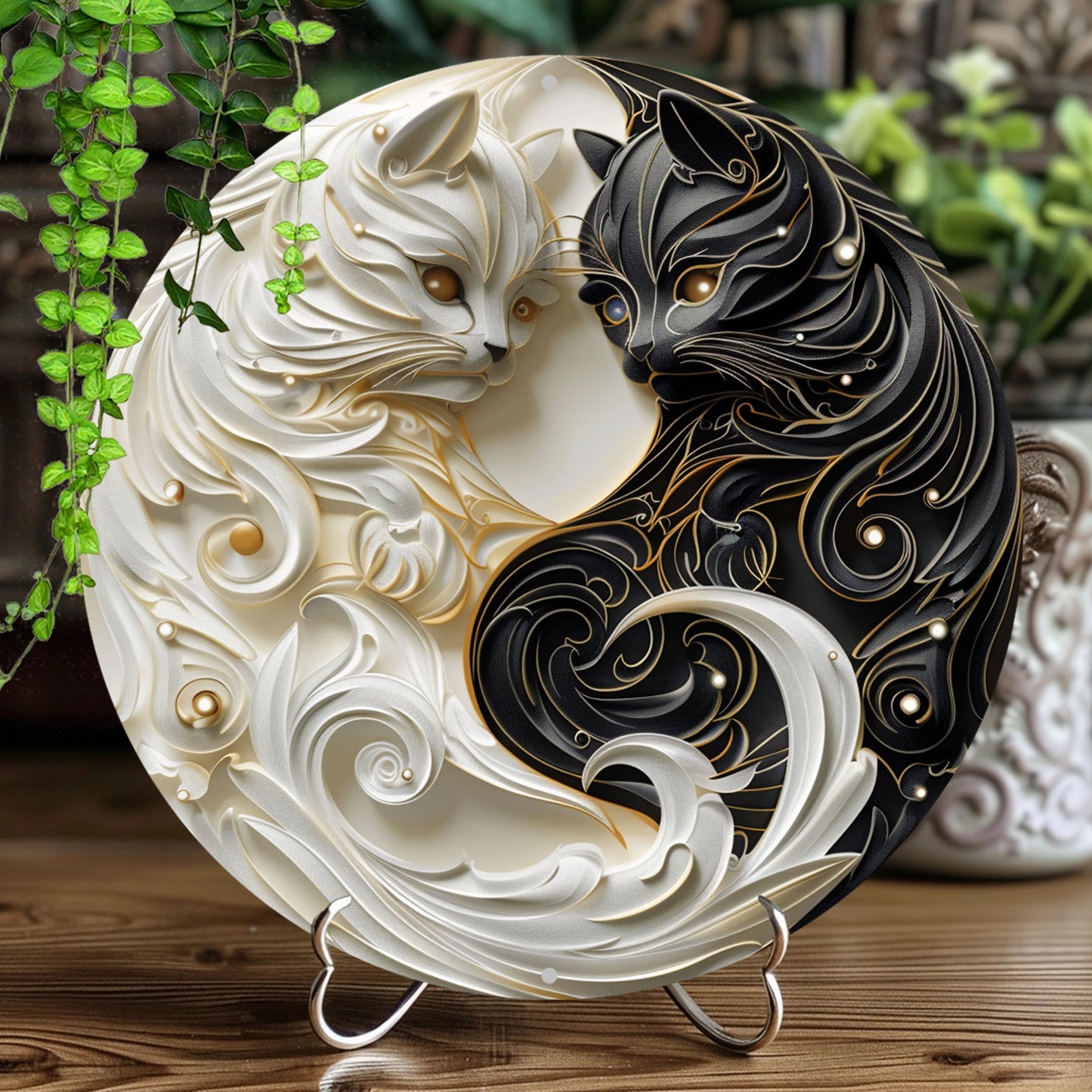 1pc Classic Yin Yang Cats Aluminum Wall Art - Weather-Resistant Metal Sign with 2D Flat Print for Home, Office, Room Decor - No Electricity, Easy Wall Hanging, Multipurpose 8" Round Plaque