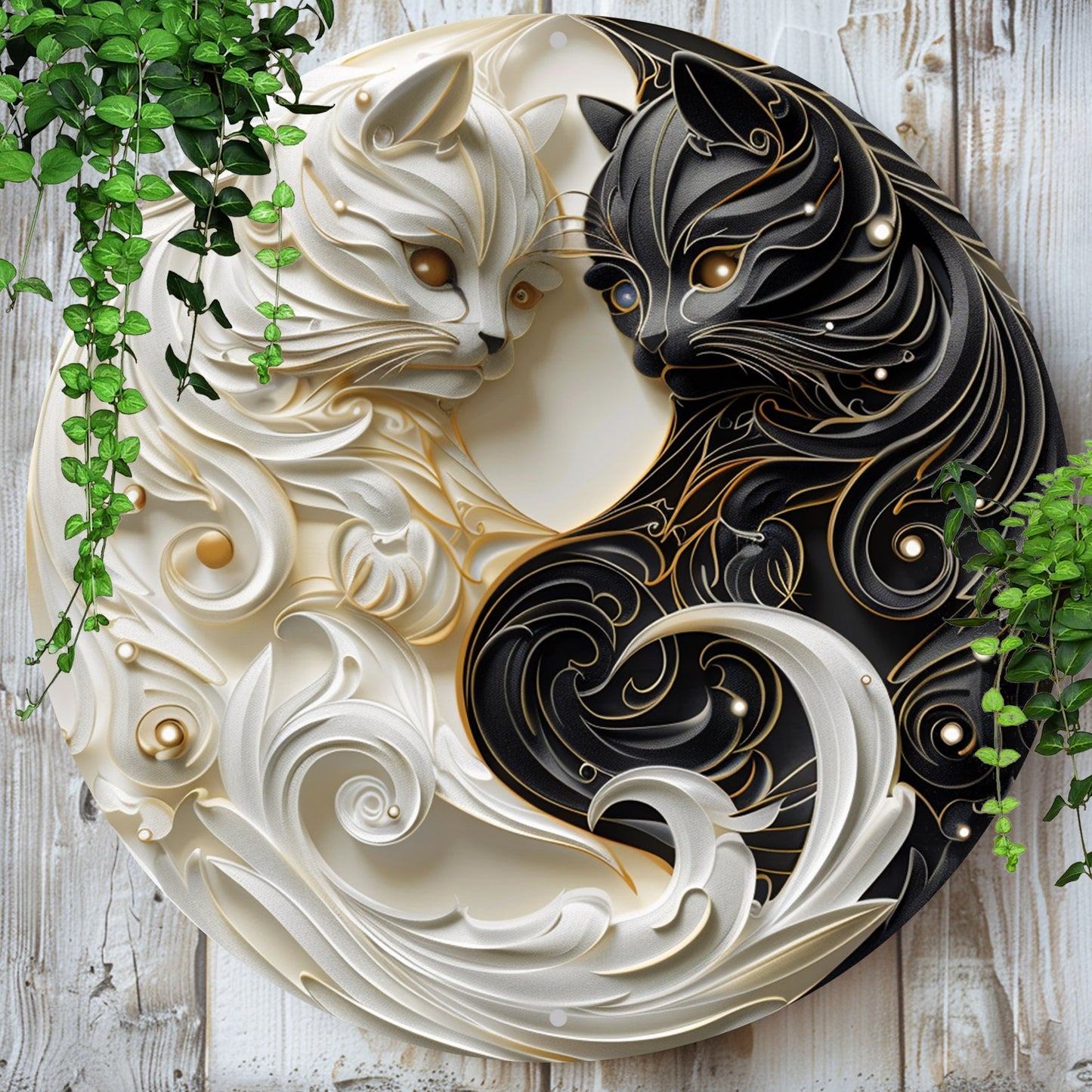1pc Classic Yin Yang Cats Aluminum Wall Art - Weather-Resistant Metal Sign with 2D Flat Print for Home, Office, Room Decor - No Electricity, Easy Wall Hanging, Multipurpose 8" Round Plaque