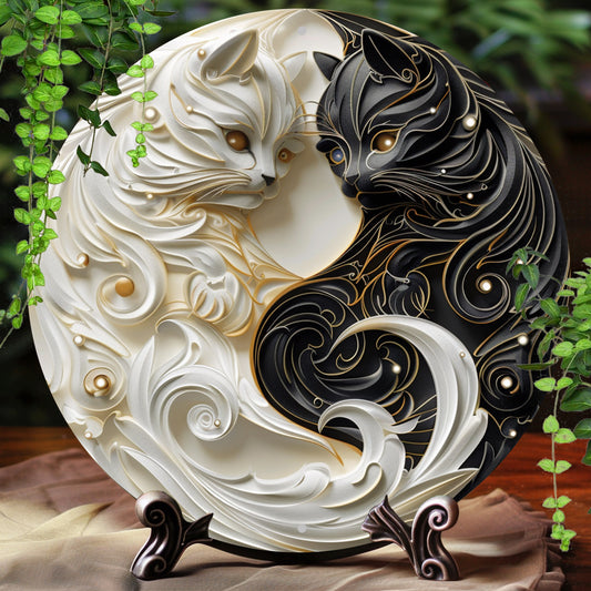 1pc Classic Yin Yang Cats Aluminum Wall Art - Weather-Resistant Metal Sign with 2D Flat Print for Home, Office, Room Decor - No Electricity, Easy Wall Hanging, Multipurpose 8" Round Plaque