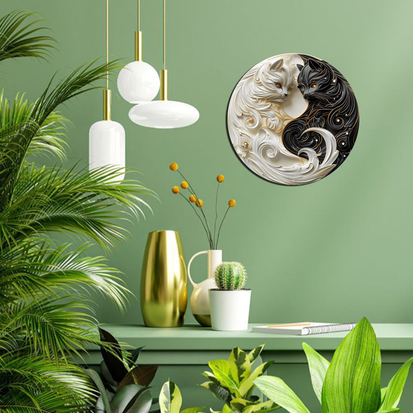 1pc Classic Yin Yang Cats Aluminum Wall Art - Weather-Resistant Metal Sign with 2D Flat Print for Home, Office, Room Decor - No Electricity, Easy Wall Hanging, Multipurpose 8" Round Plaque