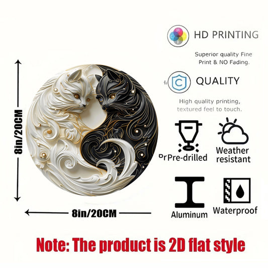 1pc Classic Yin Yang Cats Aluminum Wall Art - Weather-Resistant Metal Sign with 2D Flat Print for Home, Office, Room Decor - No Electricity, Easy Wall Hanging, Multipurpose 8" Round Plaque