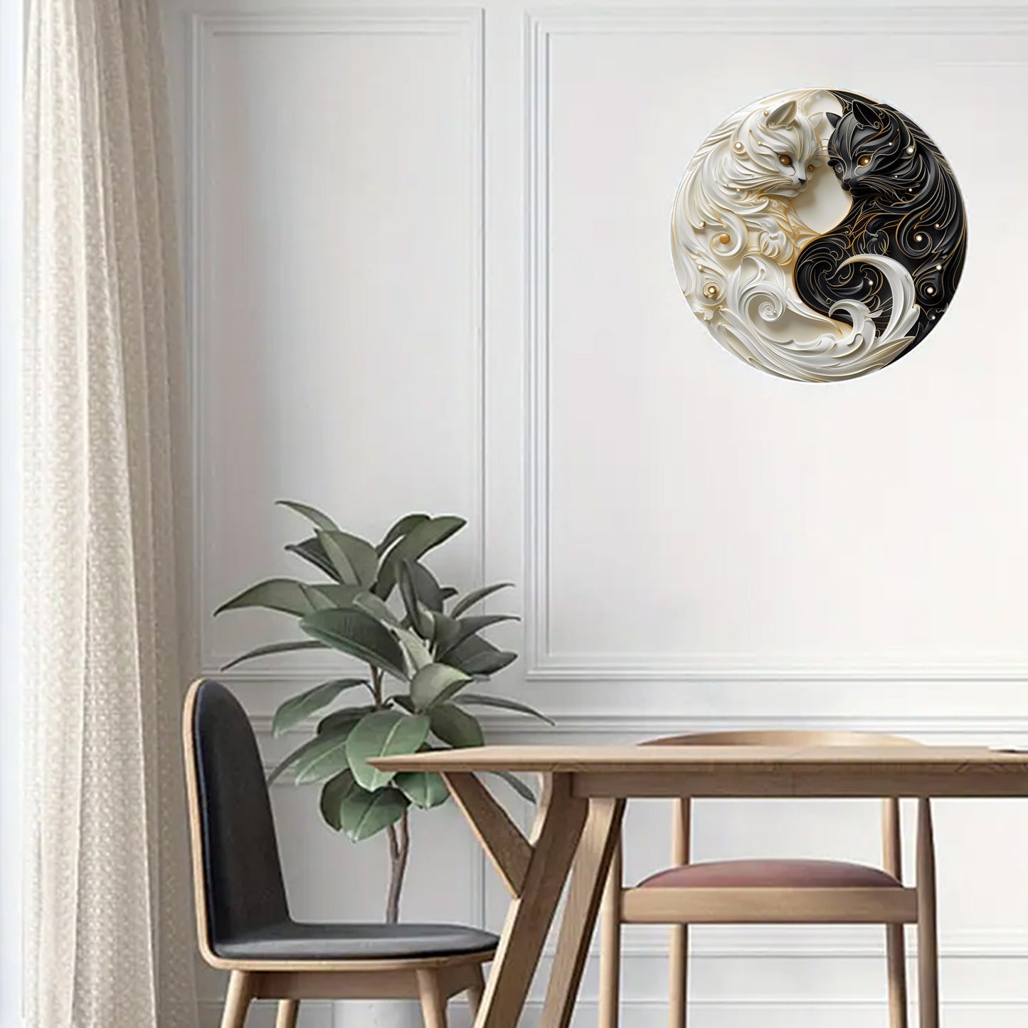 1pc Classic Yin Yang Cats Aluminum Wall Art - Weather-Resistant Metal Sign with 2D Flat Print for Home, Office, Room Decor - No Electricity, Easy Wall Hanging, Multipurpose 8" Round Plaque