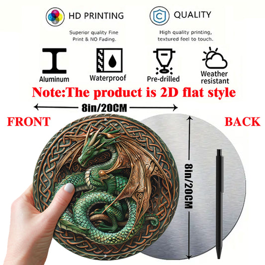 Dragon Wreath Wall Art Plaque - 8-inch Classic Style 2D Aluminum Metal Flat Sign, Multipurpose Wall Hanging Decor for Home, Living Room, Office, Kitchen, Ideal for Halloween & Christmas, Without Electricity Needed
