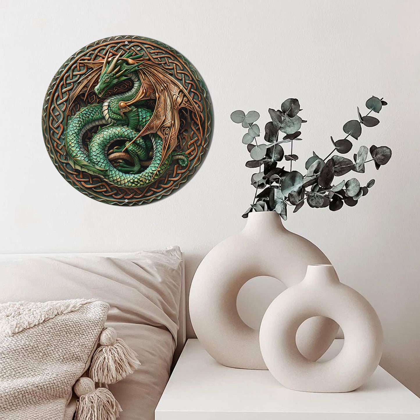 Dragon Wreath Wall Art Plaque - 8-inch Classic Style 2D Aluminum Metal Flat Sign, Multipurpose Wall Hanging Decor for Home, Living Room, Office, Kitchen, Ideal for Halloween & Christmas, Without Electricity Needed
