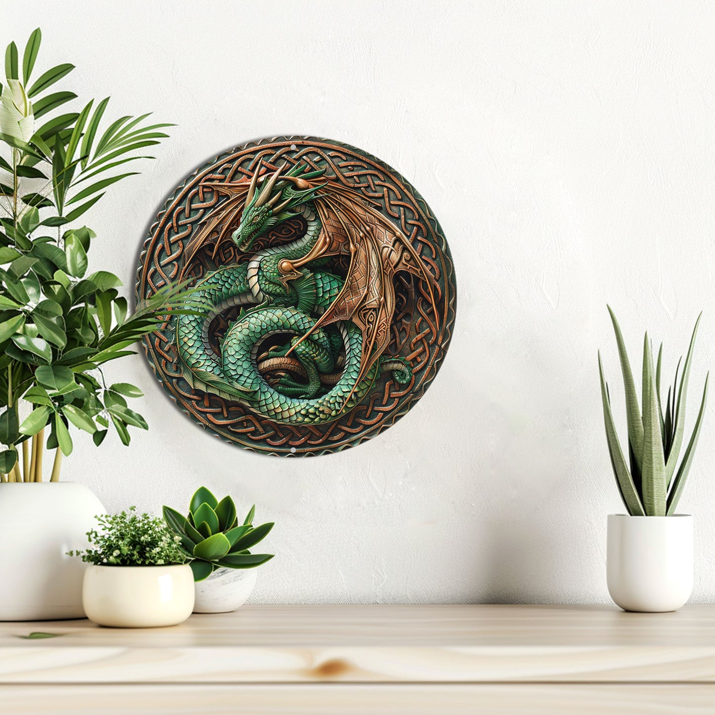Dragon Wreath Wall Art Plaque - 8-inch Classic Style 2D Aluminum Metal Flat Sign, Multipurpose Wall Hanging Decor for Home, Living Room, Office, Kitchen, Ideal for Halloween & Christmas, Without Electricity Needed