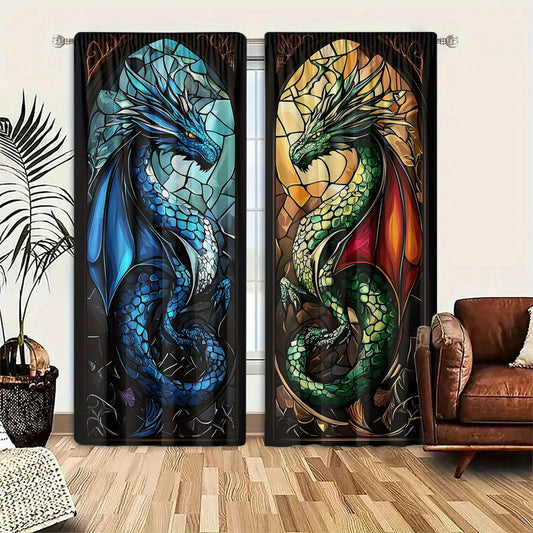 Two Pieces Made of Polyester Material, Featuring High-Definition Digital Printing of a Dragon Pattern. These Light-Filtering Curtains Are Suitable for Decorating Bedrooms, Living Rooms, Offices, And Homes, with a Rod Pocket D