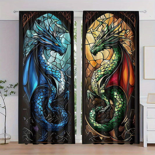 Two Pieces Made of Polyester Material, Featuring High-Definition Digital Printing of a Dragon Pattern. These Light-Filtering Curtains Are Suitable for Decorating Bedrooms, Living Rooms, Offices, And Homes, with a Rod Pocket D