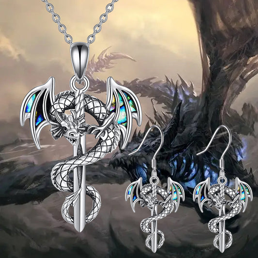 2pcs set of fashionable retro dragon and sword necklace and earrings set, perfect for birthdays and Christmas gifts for family and friends