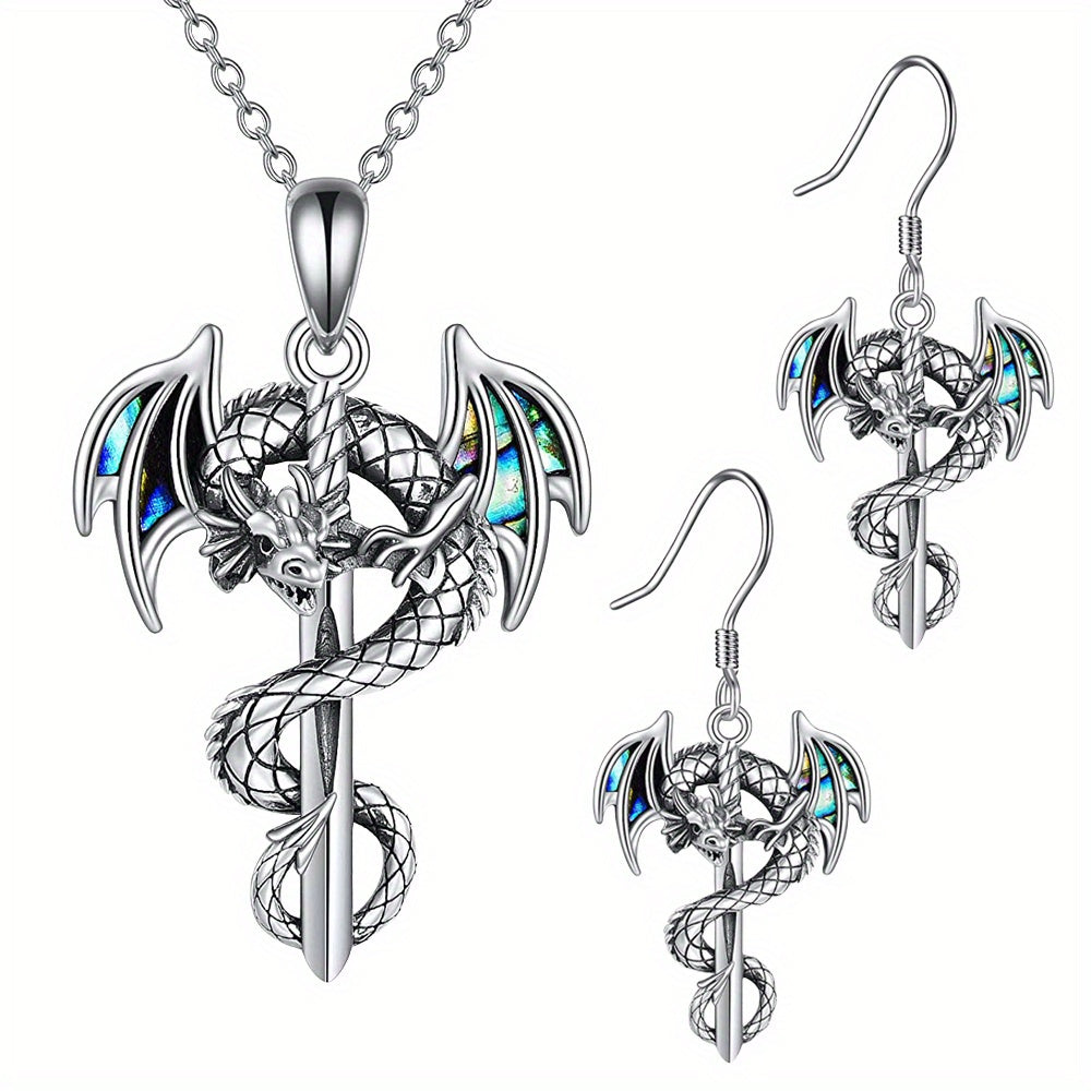 2pcs set of fashionable retro dragon and sword necklace and earrings set, perfect for birthdays and Christmas gifts for family and friends