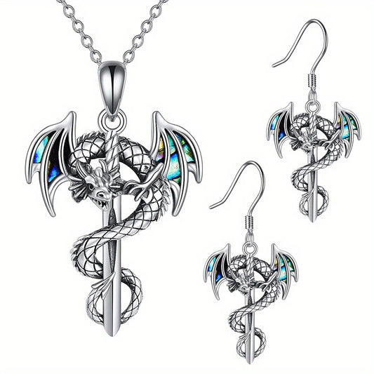 2pcs set of fashionable retro dragon and sword necklace and earrings set, perfect for birthdays and Christmas gifts for family and friends