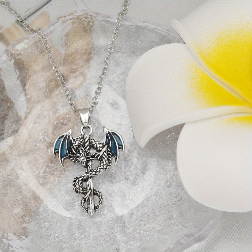 2pcs set of fashionable retro dragon and sword necklace and earrings set, perfect for birthdays and Christmas gifts for family and friends