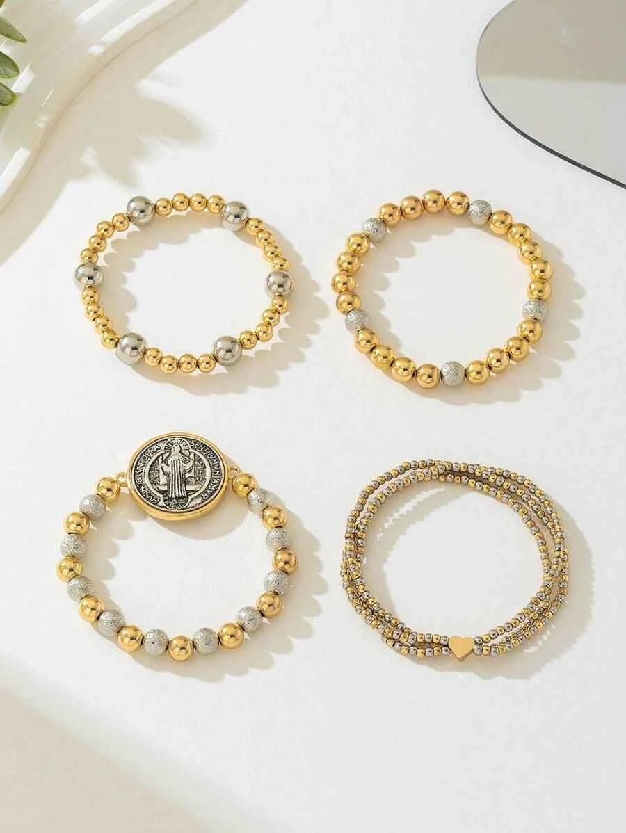 4pcs Set Vintage Delicate Beaded Heart Box Bracelet, Saint Benedict Prayer Beads, Jewelry Accessories Suitable For All Seasons, Exquisite Gift Valentines - Pedlar's Attic